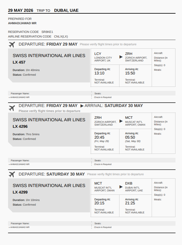 Sample standard flight itinerary